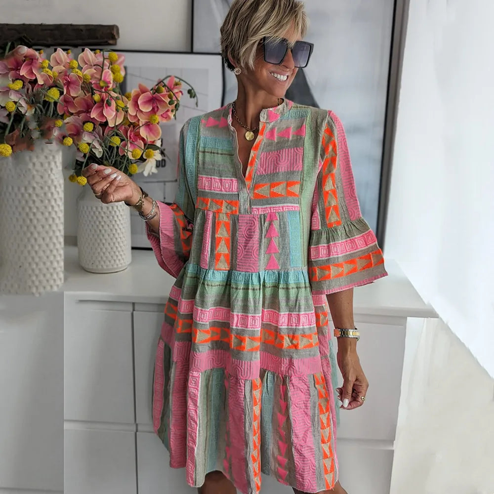 Elodie™ Chic V-Neck Cotton Hemp Dress