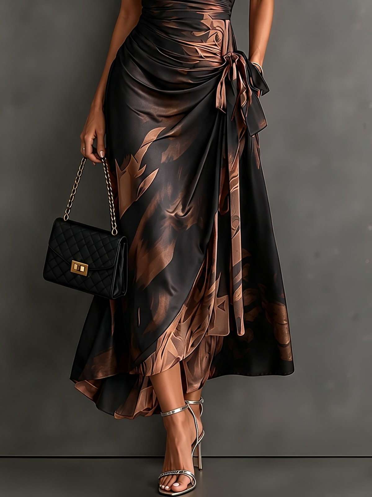 Midi Wallet Dress with Abstract Brown Print, V-Neck Collar, Short Sleeves, Bow Waist, Asymmetrical Ruffle Hem